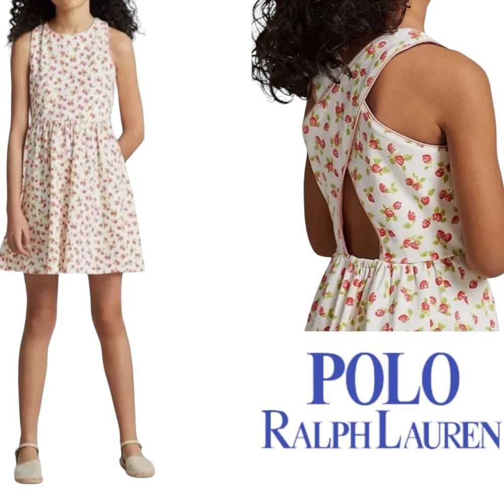 Polo Ralph Lauren Strawberry Print Knit Jersey Dress with Criss Cross Ba…